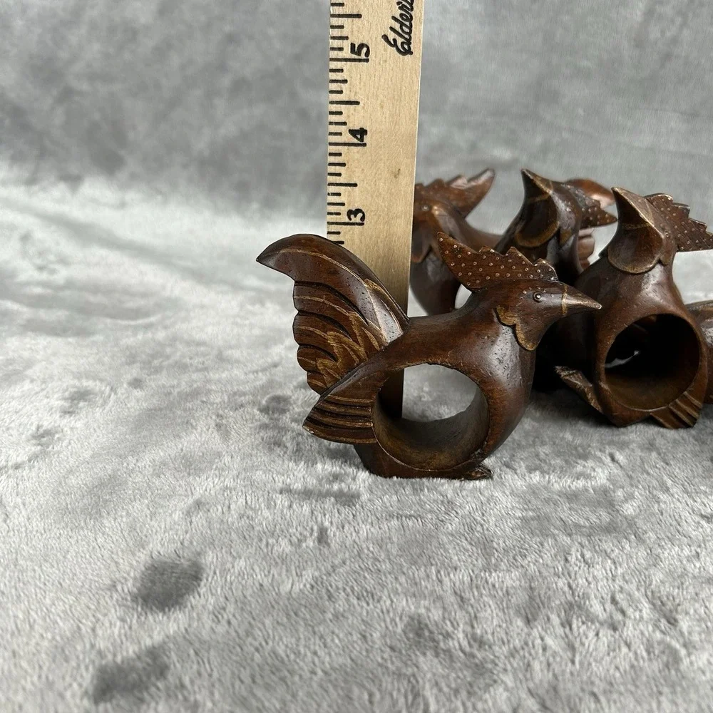 Carved Wooden Napkin Rings Set Of 5 Chicken Rooster Hand Made Vintage Dark Wood